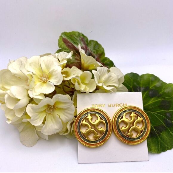 New Tory Burch Gold Logo, Outlined Blue & Red Large Stud Earings, With D… - Picture 1 of 11